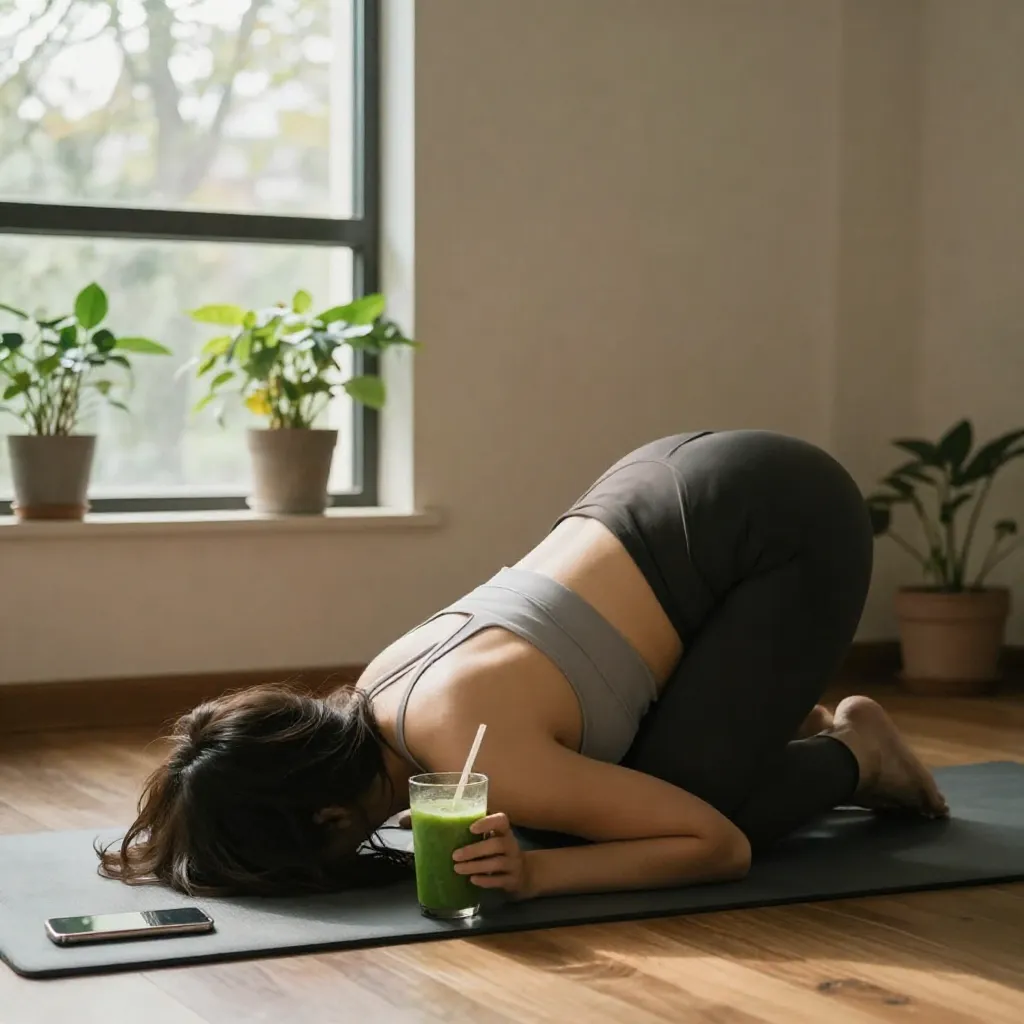 Person stretching in bright room